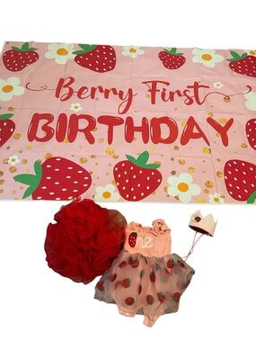 Strawberry First Birthday Outfit & Banner - Pink & Red